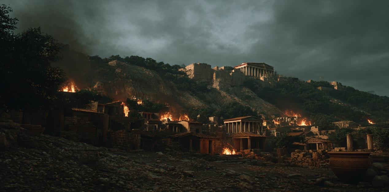 Η αρχαία Τροία στις φλόγες κάτω από σκοτεινό ουρανό, με μνημειακά κτίρια και σπίτια να καίγονται – καλλιτεχνική απεικόνιση της καταστροφής