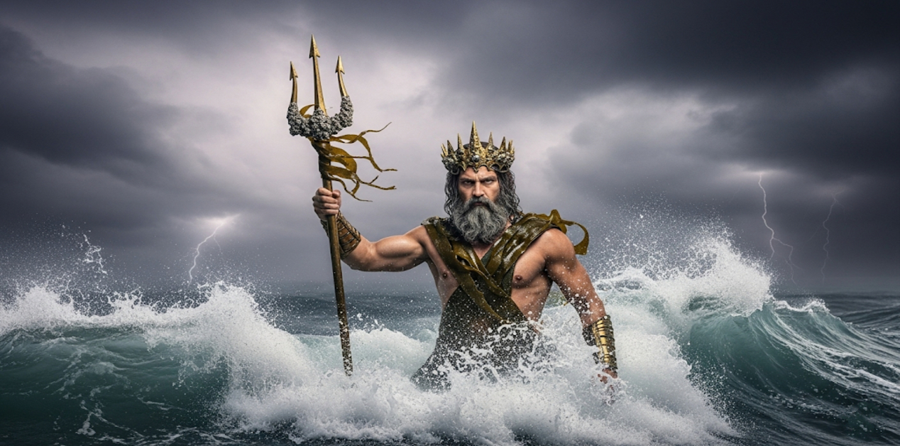 Το Πανάρχαιο Σύμβολο της Τρίαινας του Ποσειδώνα - Εικονογράφηση του Ποσειδώνα, του αρχαίου Έλληνα θεού της θάλασσας. Ο θεός στέκεται μέσα σε άγρια κύματα, με γενειάδα και στέμμα, κρατώντας την τρίαινά του. Στο φόντο διακρίνονται θυελλώδεις συνθήκες και κεραυνοί.