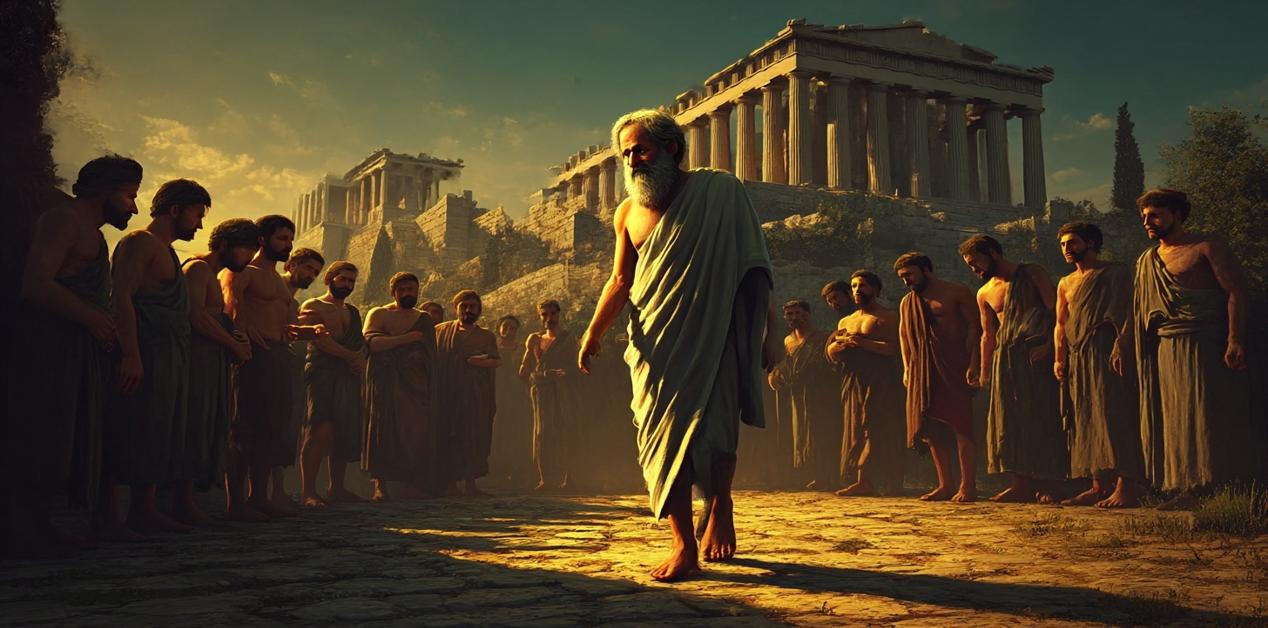 Αρχαίοι Έλληνες φιλόσοφοι συζητούν μπροστά στον Παρθενώνα, υπό το φως του ήλιου, με έντονη ατμόσφαιρα περισυλλογής.