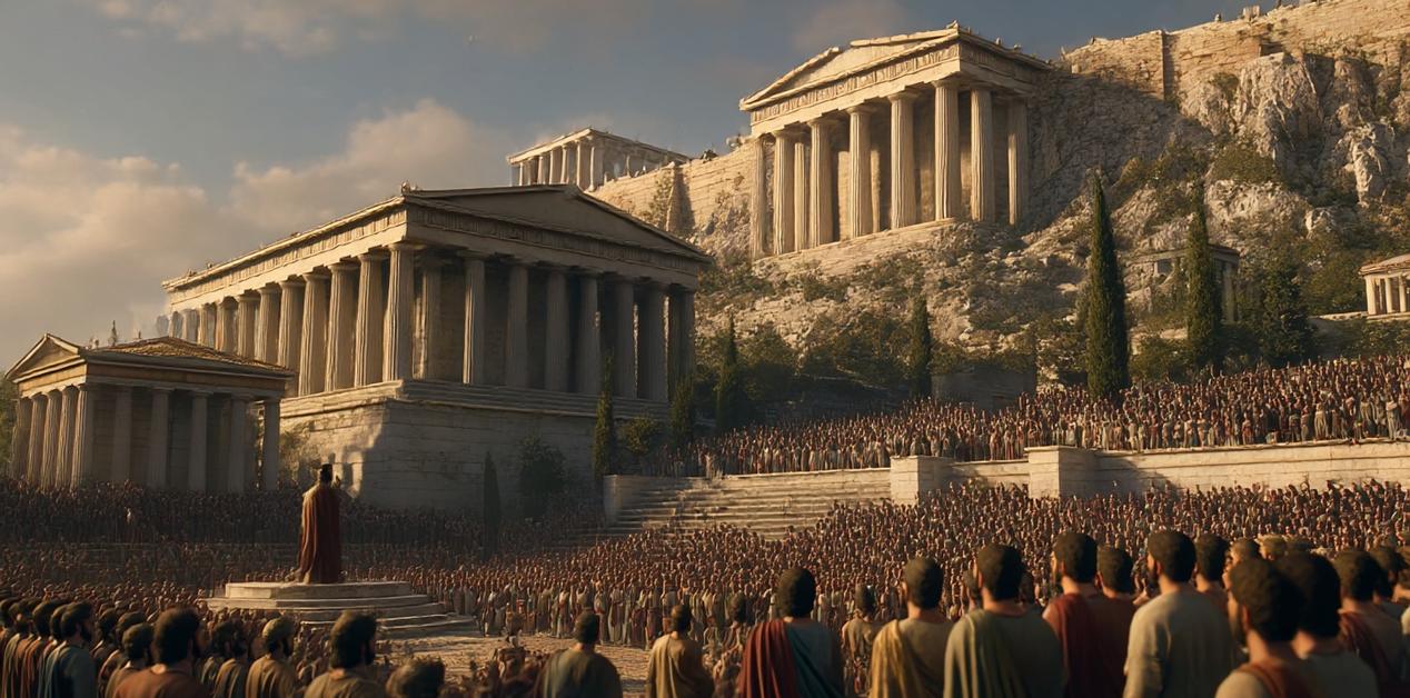 Ο Περικλής αγορεύει στην Εκκλησία του Δήμου με φόντο τον Παρθενώνα και την Ακρόπολη της Αθήνας.