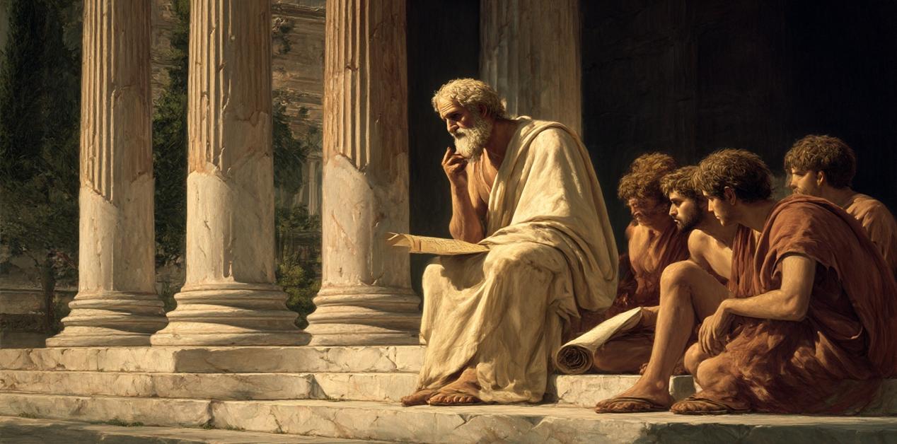 Πλάτων διδάσκει τους μαθητές του στην Ακαδημία της Αθήνας, καθισμένος στα σκαλιά με πάπυρο στο χέρι.