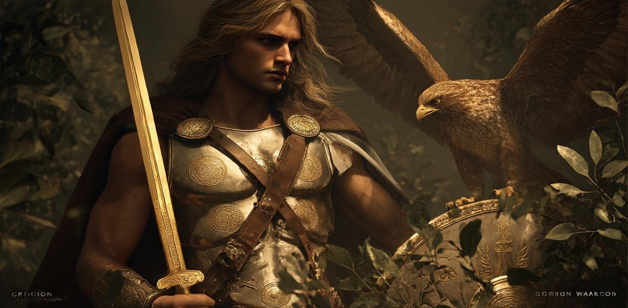 Πολεμιστής με τον Γρύπα σε χρυσή πανοπλία, με ξίφος και ασπίδα, σύμβολο δύναμης και εξουσίας στη Μυκηναϊκή Πύλο.
