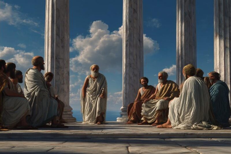 Σκηνή αρχαίων Ελλήνων φιλοσόφων σε μαρμάριες κολόνες, συζητώντας κάτω από τον ουρανό, εμπνευσμένη από τους Προσωκρατικούς.