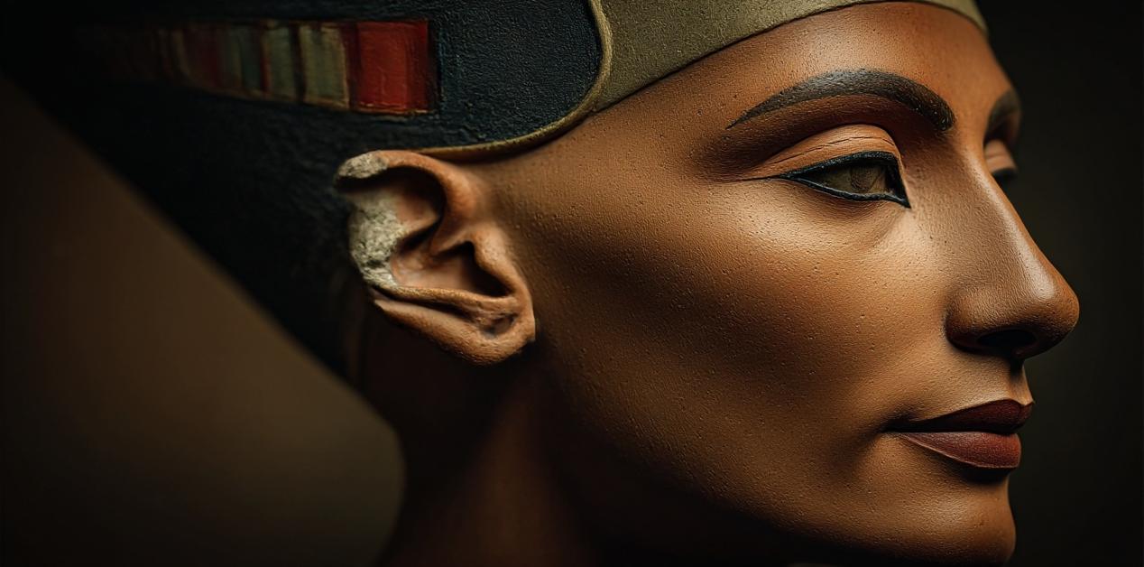Προτομή της βασίλισσας Νεφερτίτης με λεπτομερή χαρακτηριστικά και παραδοσιακή αιγυπτιακή κορώνα, σε προφίλ.