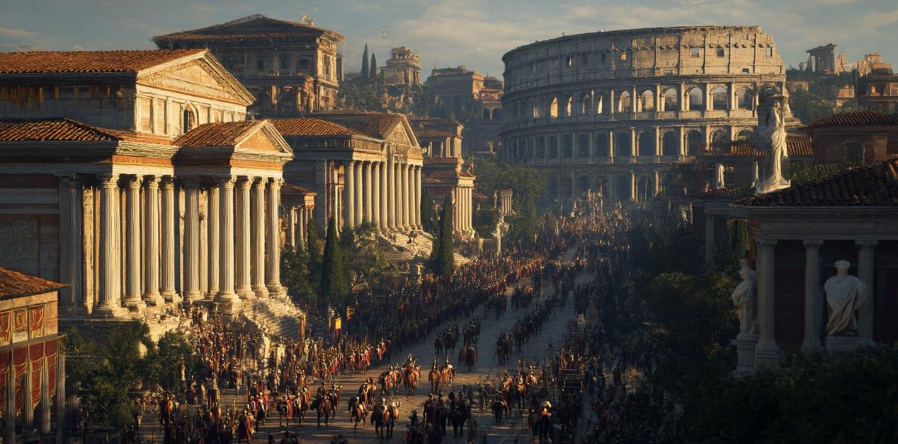 Αρχαία Ρώμη με το Κολοσσαίο και τους ναούς σε πανοραμική θέα
