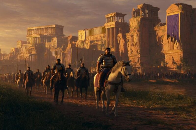 Ρωμαϊκό ιππικό με τον Τραϊανό μπαίνει στη Βαβυλώνα μπροστά από μνημειακά κτίρια.