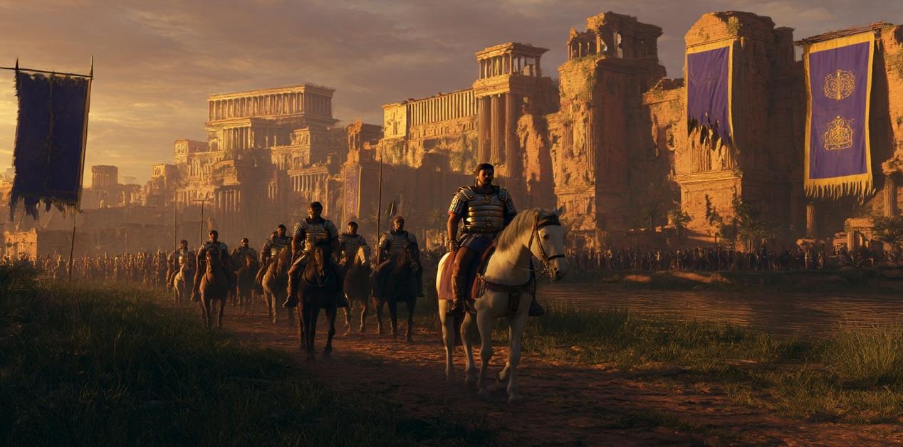 Ρωμαϊκό ιππικό με τον Τραϊανό μπαίνει στη Βαβυλώνα μπροστά από μνημειακά κτίρια.