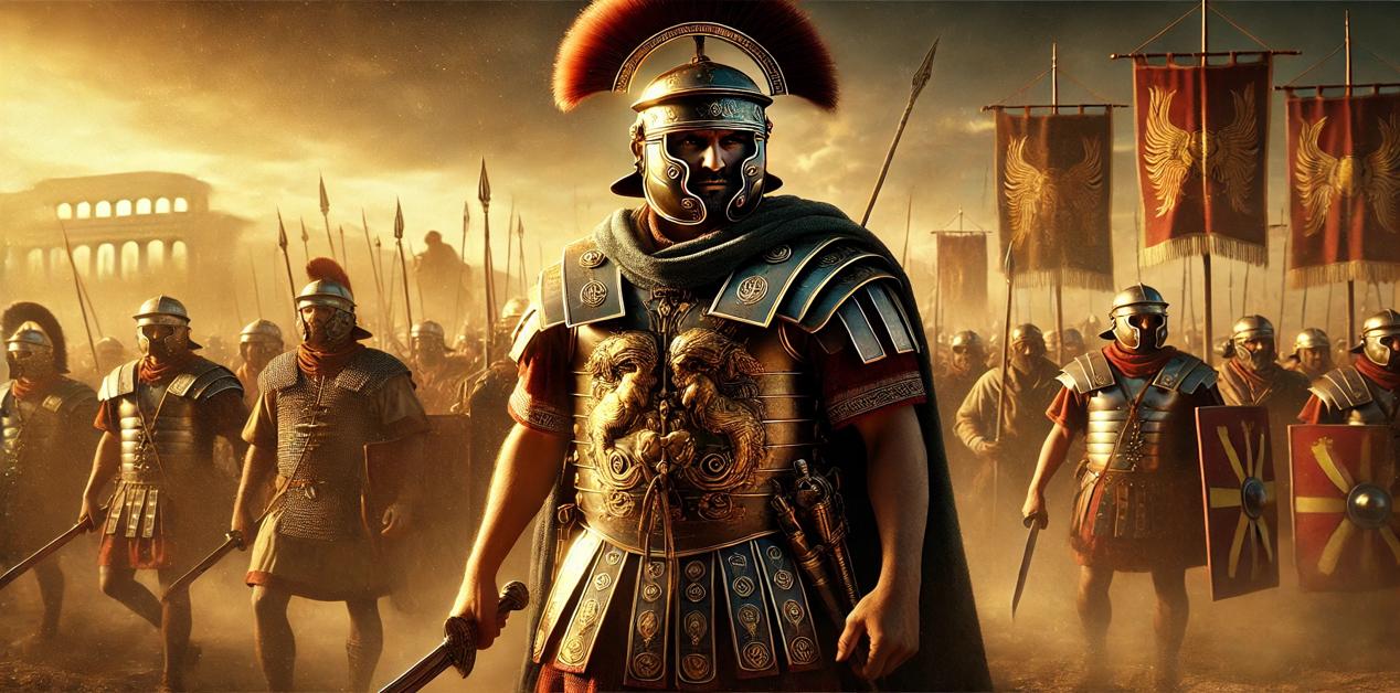 Ρωμαϊκή πανοπλία στρατηγών vs λεγεωνάριων: στρατηγός με musculata δίπλα σε λεγεωνάριους με hamata και segmentata σε σκηνή μάχης.
