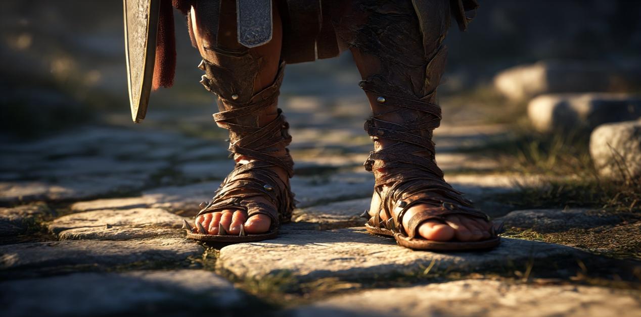 Ρωμαϊκά στρατιωτικά σανδάλια caligae σε λιθόστρωτο δρόμο, λεπτομέρεια λεγεωνάριου