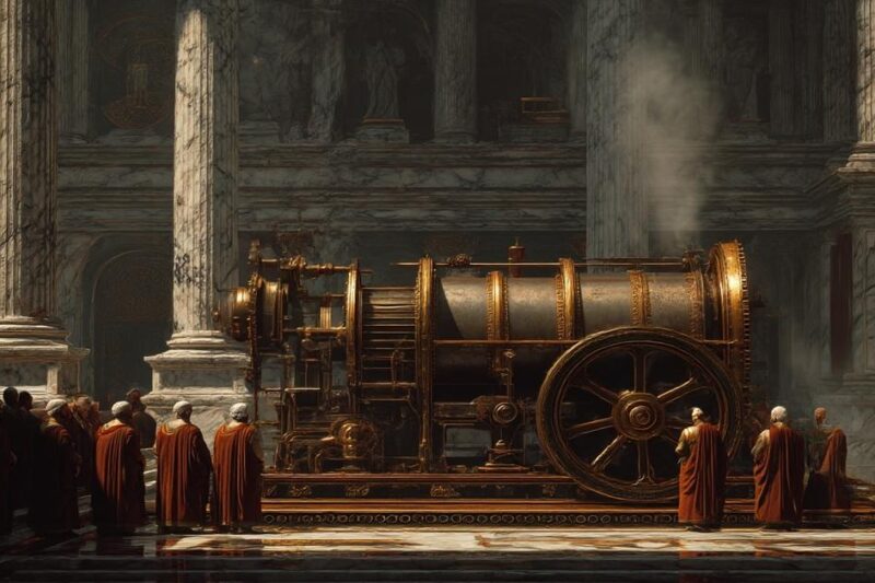 Ρωμαίοι συγκλητικοί παρακολουθούν πρωτόγονη ατμομηχανή μέσα σε μαρμάρινη αίθουσα