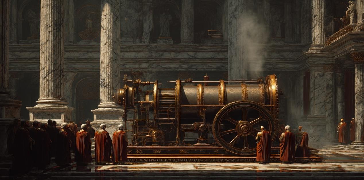 Ρωμαίοι συγκλητικοί παρακολουθούν πρωτόγονη ατμομηχανή μέσα σε μαρμάρινη αίθουσα