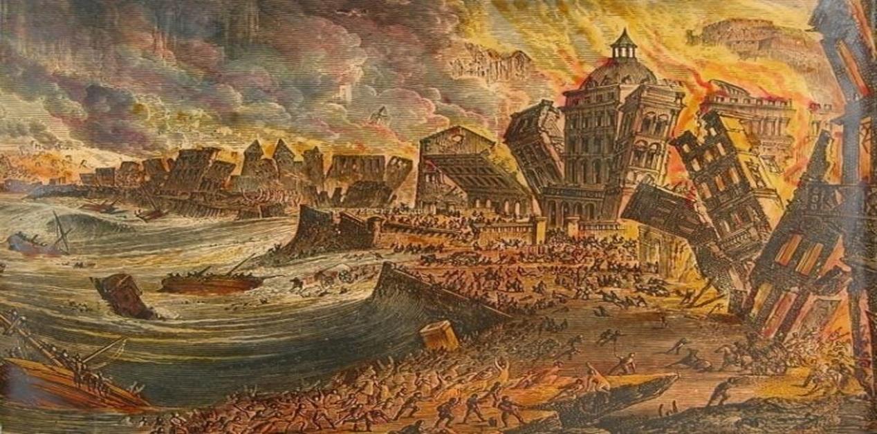 Σεισμός Λισαβόνας 1755 – καταρρεύσεις κτιρίων, τσουνάμι και φωτιές καταστρέφουν την πόλη.