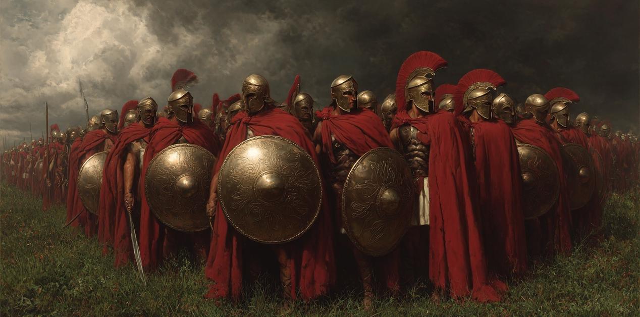 Οπλισμένοι Σπαρτιάτες πολεμιστές σε φάλαγγα με κόκκινους μανδύες και χάλκινες ασπίδες, έτοιμοι για μάχη κάτω από απειλητικό ουρανό.