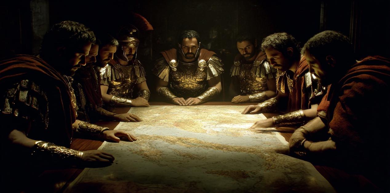 Ρωμαίοι στρατηγοί με χρυσές πανοπλίες και κόκκινους μανδύες σκύβουν πάνω από έναν μεγάλο στρατιωτικό χάρτη, σχεδιάζοντας στρατηγική σε σκοτεινό δωμάτιο.