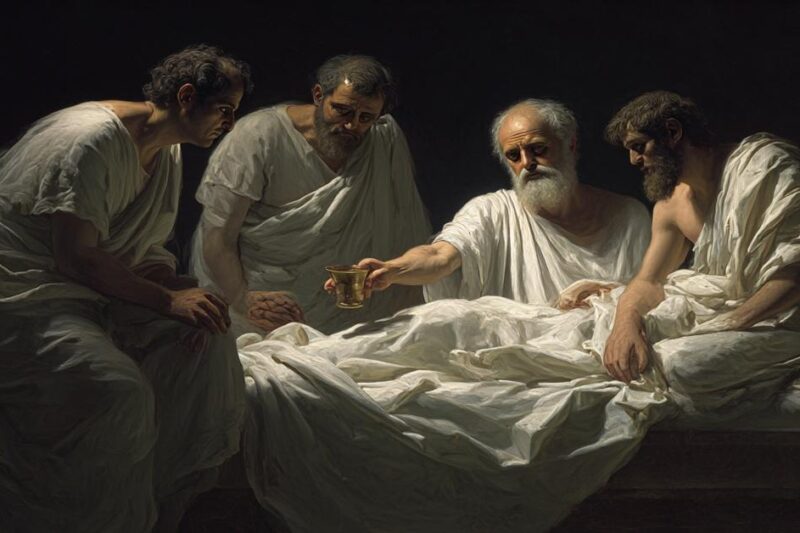 Ρεαλιστική αναπαράσταση του Θανάτου του Σωκράτη, με τον φιλόσοφο να παραδίδει το κύπελλο με το κώνειο στους μαθητές του, ντυμένοι με λευκά ιμάτια, σε νεοκλασικό ύφος.
