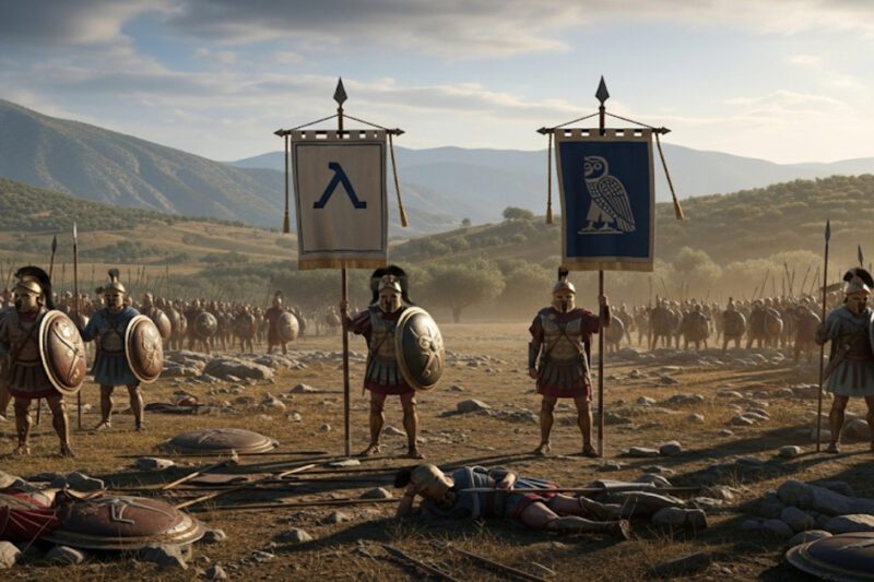 «Θεάρεστες Πράξεις»: Το Μάθημα Ηγεσίας του Παυσανία που Άφησε Εποχή - Ρεαλιστική απεικόνιση του πεδίου μάχης των Πλαταιών με Έλληνες στρατιώτες. Στο κέντρο, δύο οπλίτες κρατούν τα αρχαία λάβαρα της Σπάρτης (με το γράμμα Λάμδα) και της Αθήνας (με την κουκουβάγια). Στο φόντο διακρίνονται τα βουνά της Βοιωτίας.