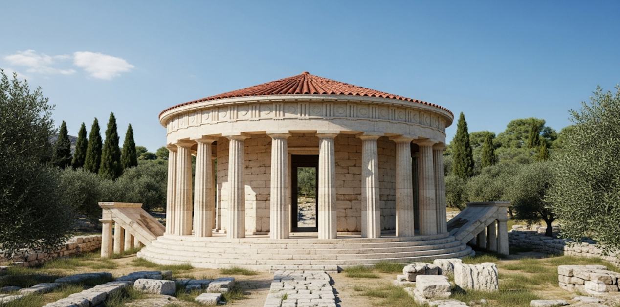 Θυμέλη της Επιδαύρου: Το Τελειότερο Κυκλικό Κτίριο της Αρχαιότητας - Ψηφιακή αναπαράσταση της Θόλου της Επιδαύρου σε πλήρη μορφή. Ένα κυκλικό μαρμάρινο κτίριο με κωνική κεραμοσκεπή, που περιβάλλεται από δωρικούς κίονες και στηρίζεται σε κρηπίδα με τρία σκαλοπάτια. Το τοπίο γύρω είναι μεσογειακό, με ελιές, κυπαρίσσια και αρχαία ερείπια στο έδαφος.