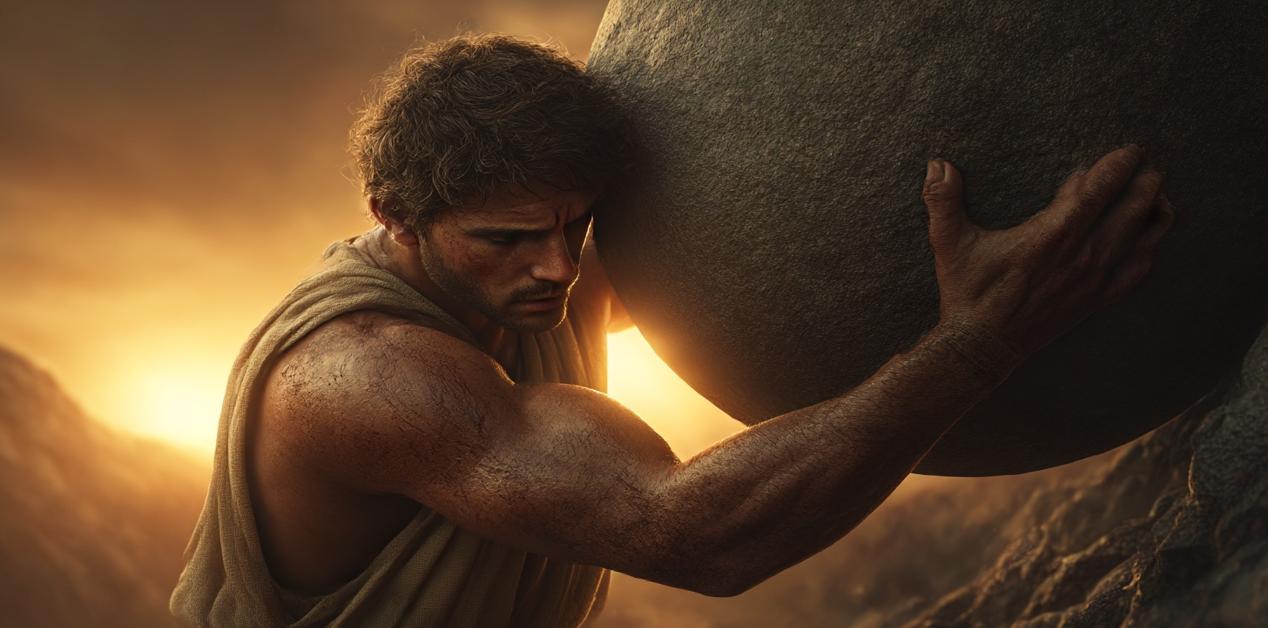 Σίσυφος σπρώχνει βράχο σε ανηφόρα, ελληνική μυθολογία, ηλιοβασίλεμα