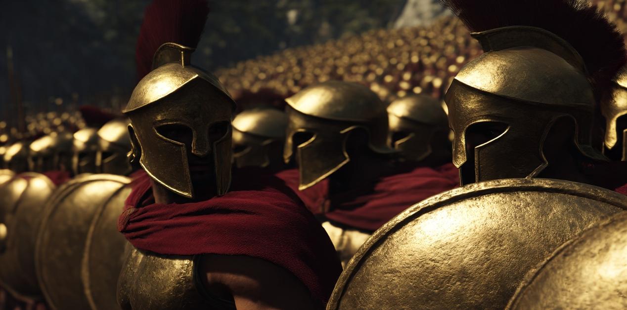 Σπαρτιάτες πολεμιστές παραταγμένοι σε φάλαγγα με χάλκινα κράνη και ασπίδες, κόκκινοι μανδύες, Μάχη των Θερμοπυλών, αρχαία Ελλάδα.