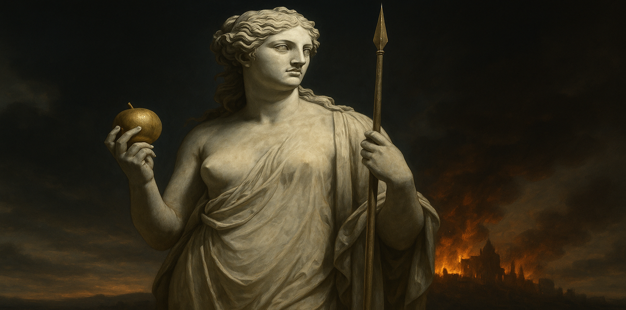 Αφροδίτη με το χρυσό μήλο και φόντο την Τροία στις φλόγες – θεά του έρωτα και του πολέμου στην ελληνική μυθολογία