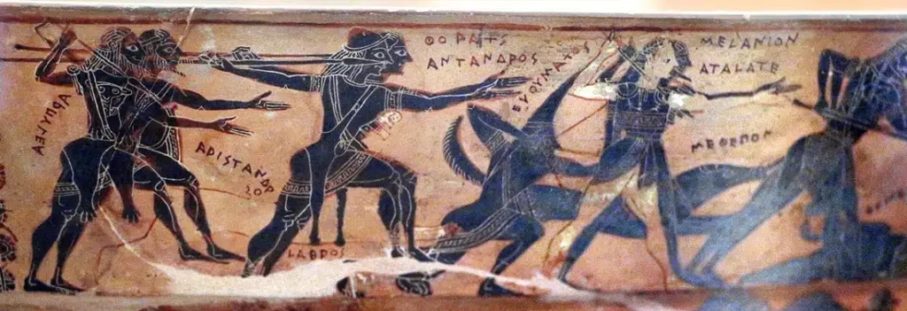 Κυνήγι του Καλυδώνιου Κάπρου σε αρχαίο ελληνικό αγγείο