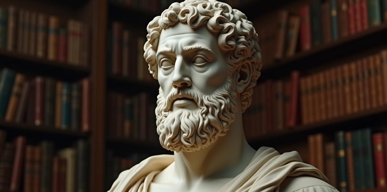 Μαρμάρινη προτομή του Αριστόξενου του Ταραντίνου με φόντο βιβλιοθήκη.
