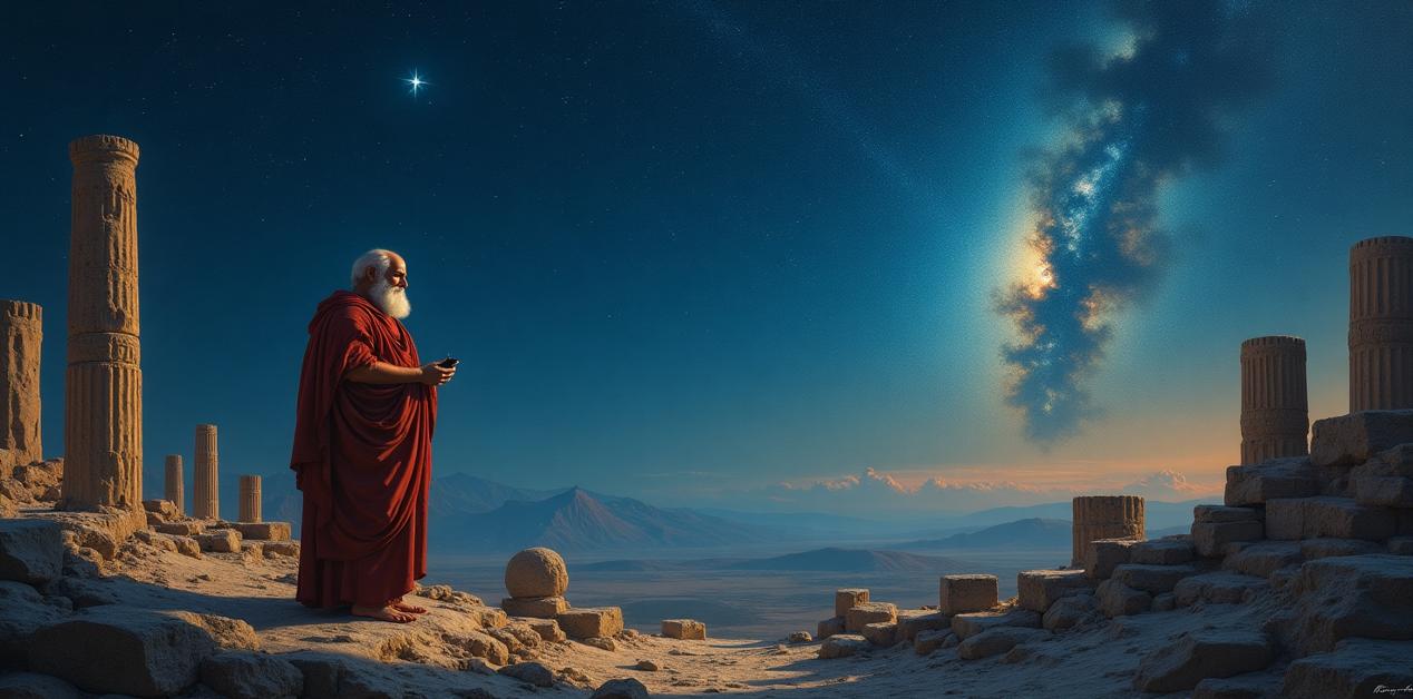 Βίων από τα Άβδηρα παρατηρεί τον ουρανό της αρχαιότητας με ερείπια και τον Γαλαξία στο βάθος