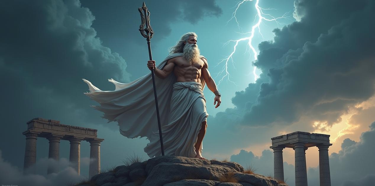 Δίας, ο βασιλιάς των θεών, όρθιος με κεραυνό στον Όλυμπο, με φόντο αρχαίους ναούς και καταιγίδα.