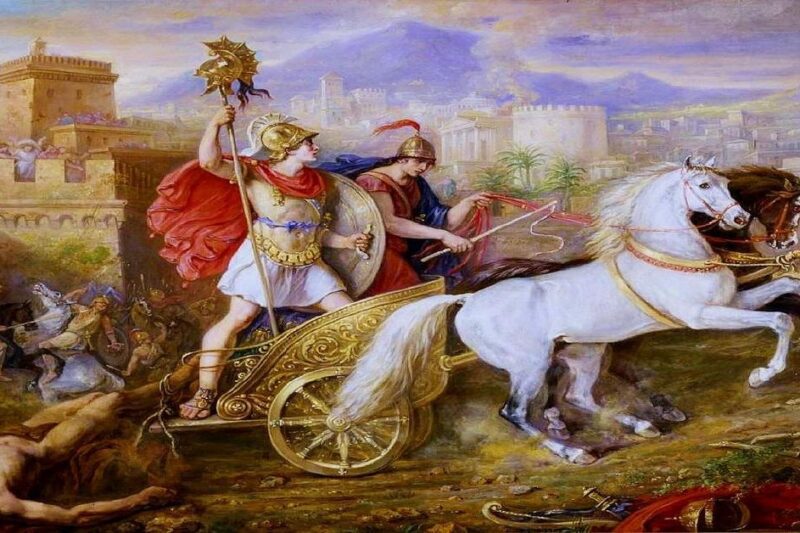 Αχιλλέας σέρνει το σώμα του Έκτορα με άρμα έξω από τα τείχη της Τροίας