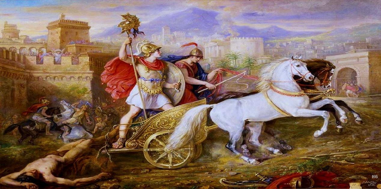 Αχιλλέας σέρνει το σώμα του Έκτορα με άρμα έξω από τα τείχη της Τροίας