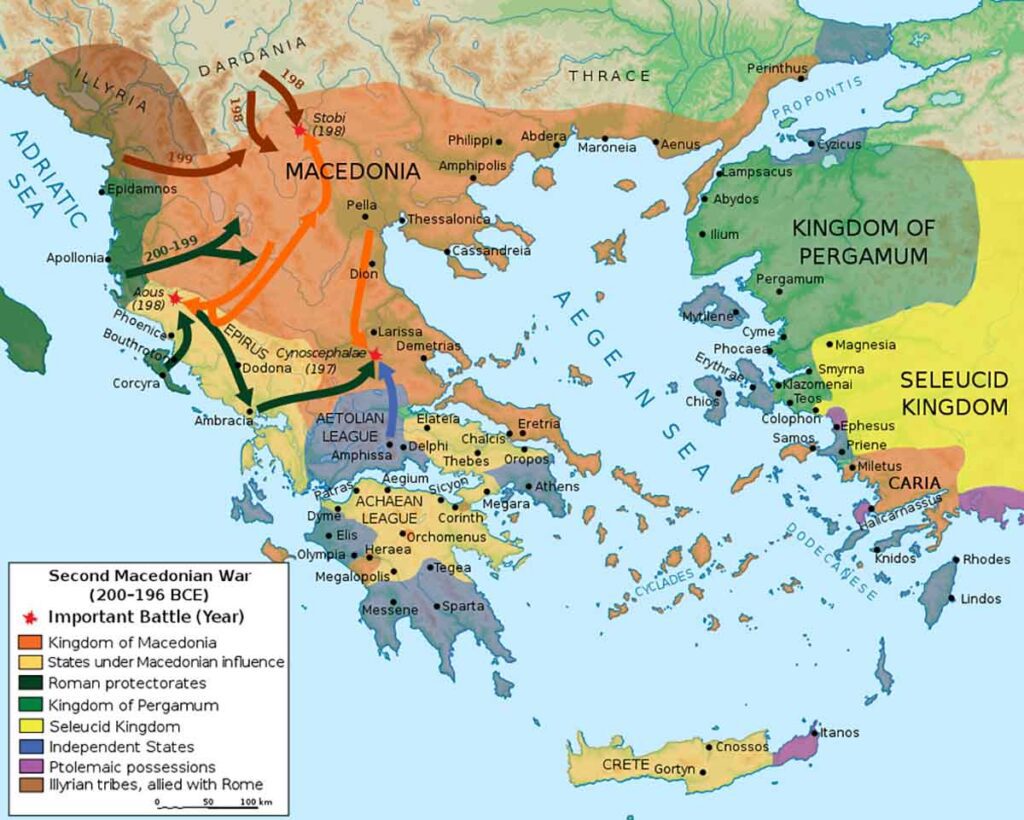 Χάρτης των Μακεδονικών Πολέμων, με τις εκστρατείες Μακεδόνων και Ρωμαίων στην Ελλάδα.