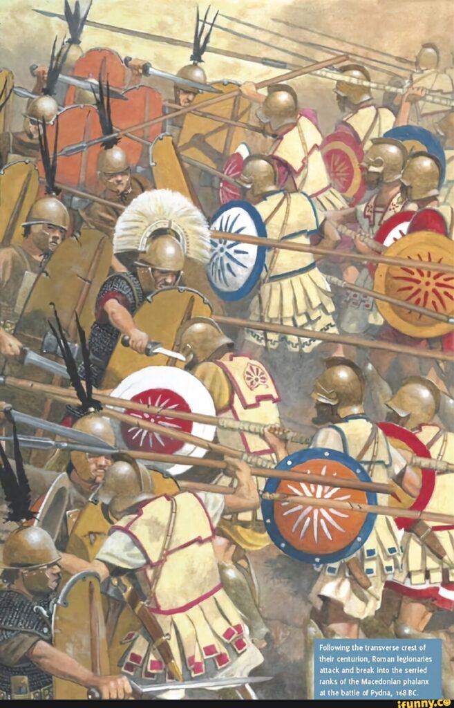 Ρωμαίοι λεγεωνάριοι συγκρούονται με Μακεδόνες φαλαγγίτες σε μάχη της ελληνιστικής εποχής.