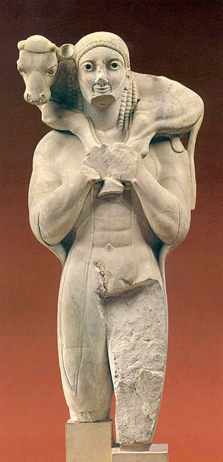 Ο Μοσχοφόρος (Calf Bearer), αρχαϊκό άγαλμα του 560 π.Χ. που εκτίθεται στο Μουσείο Ακρόπολης.
