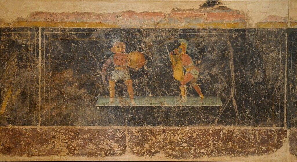 Ρωμαϊκή τοιχογραφία με μονομάχους, οπλομάχο και μιρμίλλωνα σε αγώνα