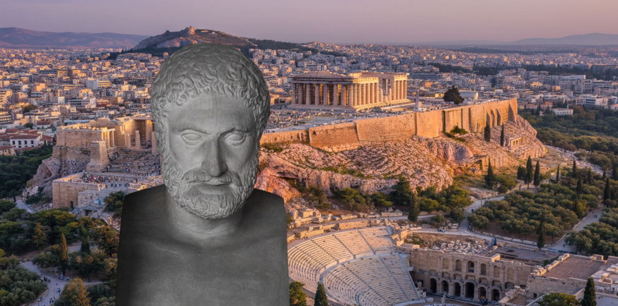 Πεισίστρατος, αρχαίος Έλληνας τύραννος - Προτομή του αρχαίου Έλληνα τυράννου Πεισίστρατου μπροστά από την Ακρόπολη της Αθήνας με τον Παρθενώνα και το Ηρώδειο στο φόντο. Η εικόνα συνδυάζει την ιστορική μορφή με το εμβληματικό μνημείο που σημάδεψε την εποχή του.