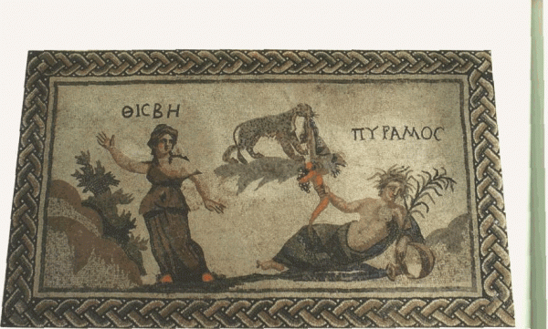 Ψηφιδωτό με τον Πύραμο και τη Θίσβη από την Οικία του Διονύσου στην Κάτω Πάφο.