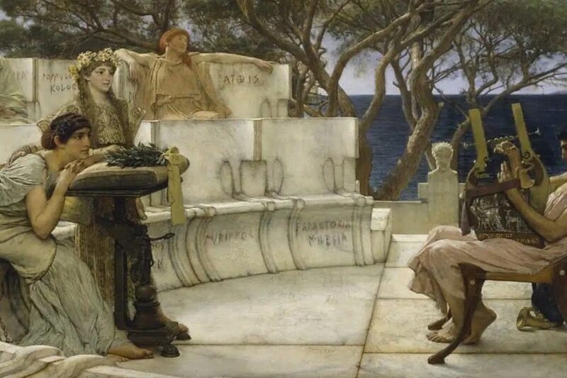 Ο πίνακας Sappho and Alcaeus του Lawrence Alma-Tadema, που απεικονίζει την ποιήτρια Σαπφώ να ακούει τον Αλκαίο να παίζει λύρα στην αρχαία Ελλάδα
