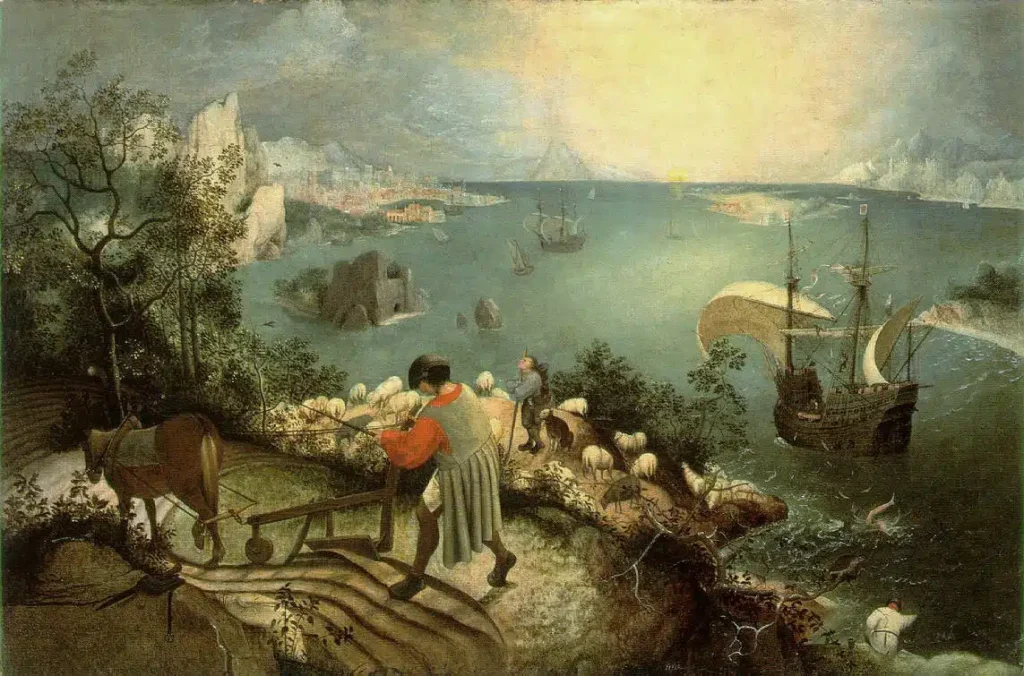 Πίνακας του Πίτερ Μπρέγκελ, Landscape with the Fall of Icarus, που απεικονίζει το τοπίο με τον Ίκαρο να βυθίζεται στη θάλασσα