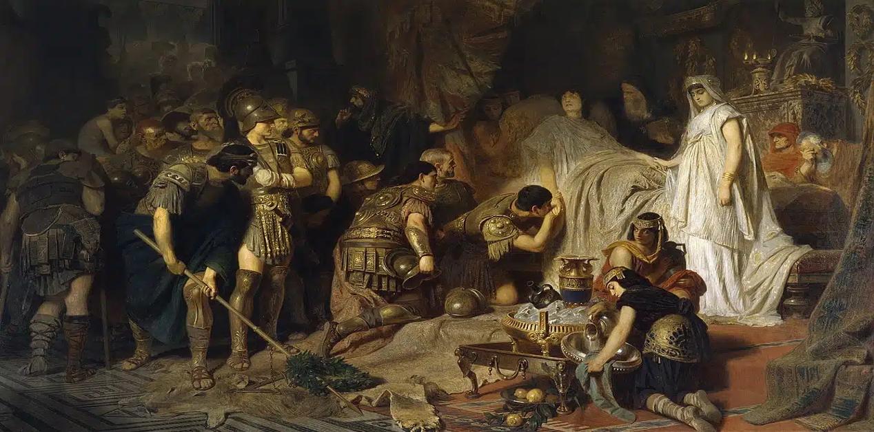 Ο Μέγας Αλέξανδρος στο νεκροκρέβατο – αποχαιρετισμός του στρατού του, πίνακας του Carl Theodor von Piloty (1886).