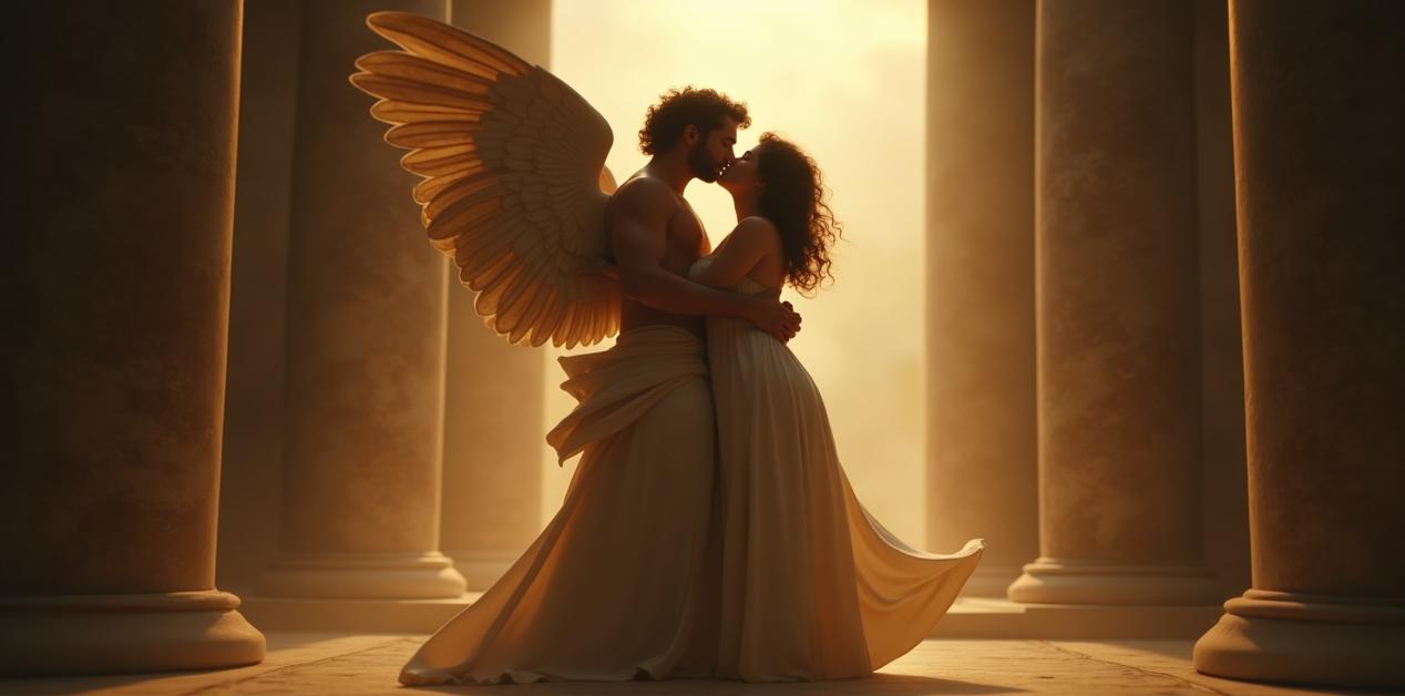 Έρως και Ψυχή σε αιώνιο φιλί στον Όλυμπο, με φόντο κίονες και χρυσό φως