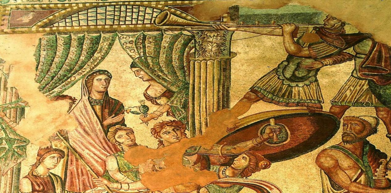 Ρωμαϊκό μωσαϊκό από τη βίλα La Olmeda με γυναικείες μορφές και αδράχτι, παράδειγμα κλωστοϋφαντουργίας στην αρχαία Ρώμη