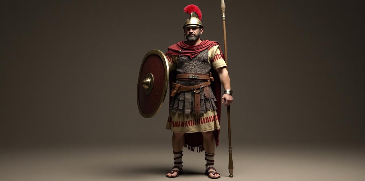 Ρωμαίος λεγεωνάριος με ιστορικά ακριβή πανοπλία, ασπίδα και δόρυ – 1ος αιώνας μ.Χ.