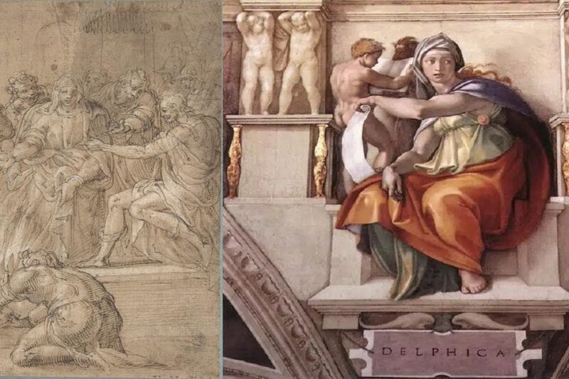 Η Σίβυλλα της Κύμης προσφέρει τα Σιβυλλικά Βιβλία στον Ταρκύνιο τον Υπερήφανο και η Δελφική Σίβυλλα σε τοιχογραφία του Μιχαήλ Αγγέλου