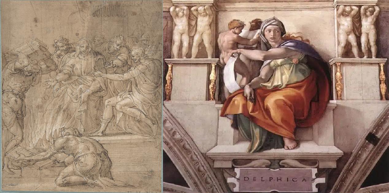 Η Σίβυλλα της Κύμης προσφέρει τα Σιβυλλικά Βιβλία στον Ταρκύνιο τον Υπερήφανο και η Δελφική Σίβυλλα σε τοιχογραφία του Μιχαήλ Αγγέλου