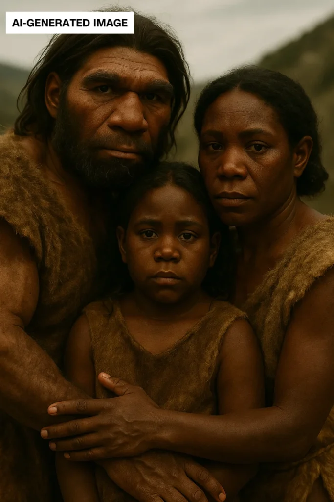 AI αναπαράσταση οικογένειας υβριδικών Homo sapiens και Νεάντερταλ