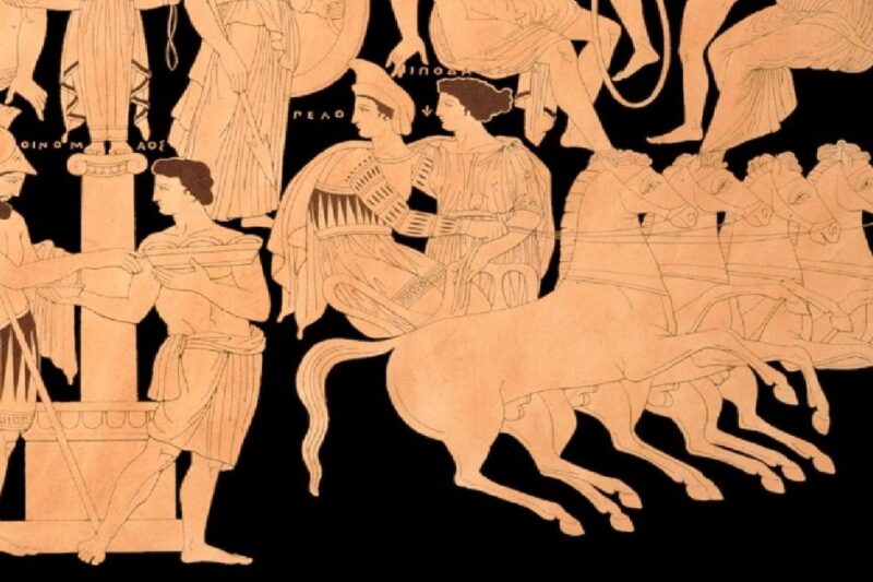 Απεικόνιση του Πέλοπα, της Ιπποδάμειας και του Οινόμαου σε αγγειογραφία με άρμα και άλογα, σχετιζόμενη με τον μύθο του Ταράξιππου στην Αρχαία Ελλάδα.