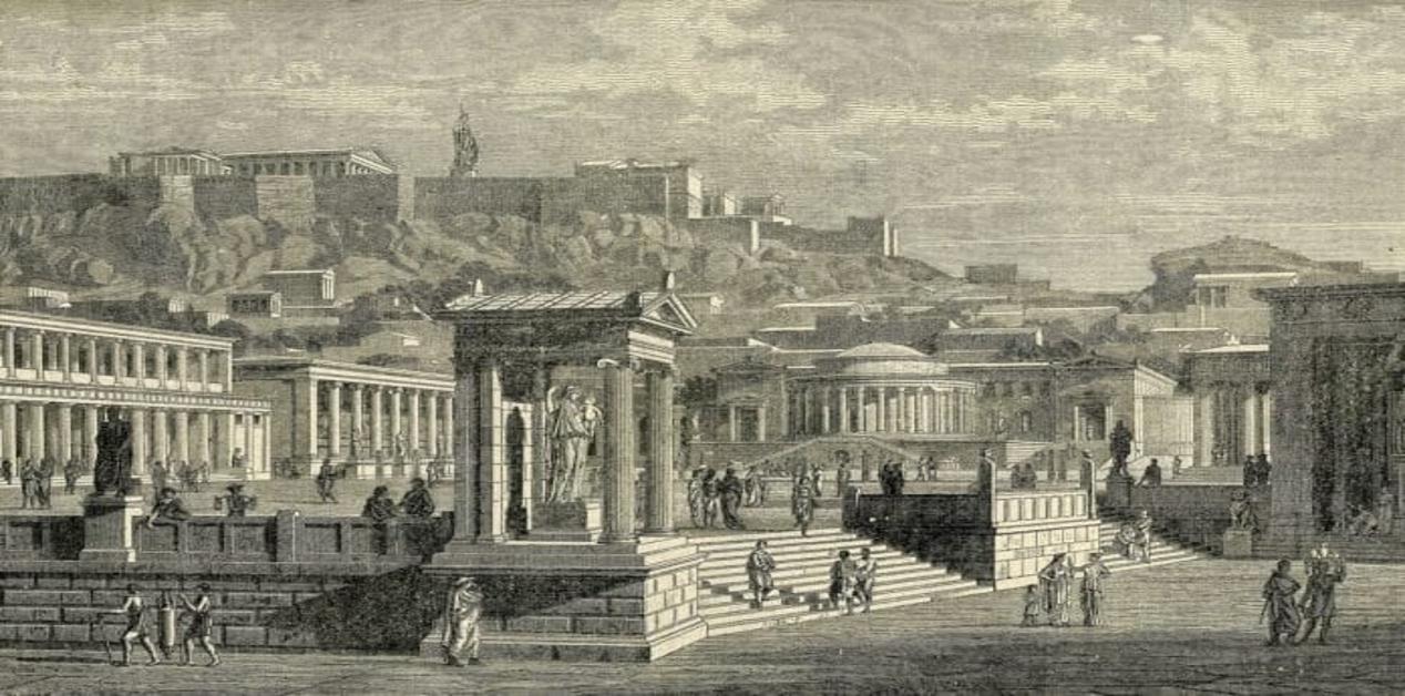 Απεικόνιση της Αρχαίας Αγοράς της Αθήνας με θέα προς την Ακρόπολη, κτίρια, στοές και πολίτες σε δημόσια ζωή.