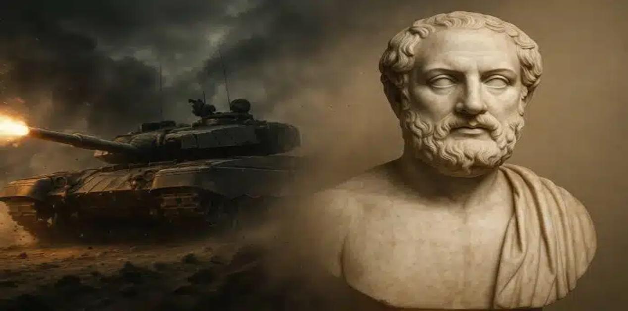 Άγαλμα του Θουκυδίδη δίπλα σε σύγχρονο άρμα μάχης – διαχρονικότητα της στρατηγικής σκέψης στην αρχαία και σύγχρονη γεωπολιτική.