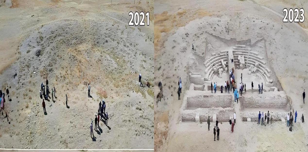 Αεροφωτογραφία της Σαβάτρα: το 2021 φαίνεται λόφος καλυμμένος με χώμα και το 2023 αποκαλύπτεται ρωμαϊκό θέατρο με αναλημματικούς τοίχους και κερκίδες.