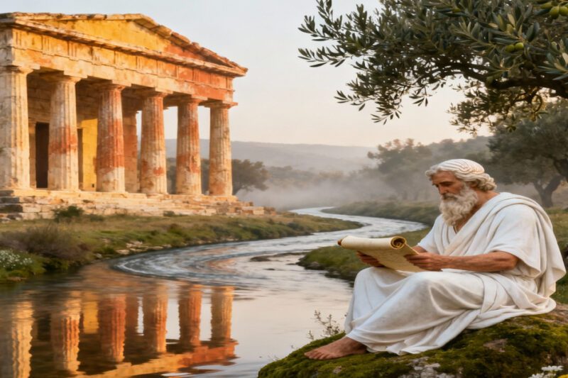 Η «αιώνια επιστροφή: Από τον Ηράκλειτο στον Νίτσε» - Αρχαίος Έλληνας φιλόσοφος με μακριά λευκή γενειάδα κάθεται σε έναν βράχο δίπλα σε ποτάμι και διαβάζει έναν πάπυρο. Στο φόντο διακρίνεται ένας αρχαίος ναός με κίονες και ένα τοπίο με ελαιόδεντρα κάτω από το θερμό φως του ήλιου που δύει.